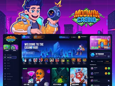 MooWin Casino: Project cover 2 2d 2d game art betting casino character design city city illustration crypto cyberpank cyberpank city gambling game game art illustration logo logo design main page neon uiux