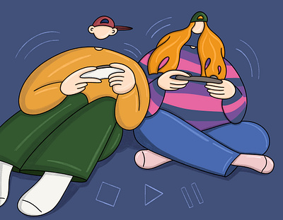 Playing video games. 2d cartoon character design editorial illustration procreate