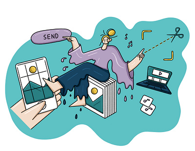 Hard work of an influencer. 2d abstract cartoon character design editorial illustration procreate