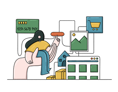 Online shopping. 2d abstract cartoon character design editorial illustration procreate