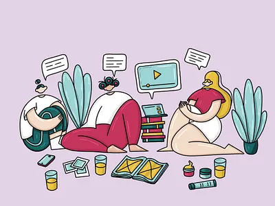 Comfort time with best friends 2d cartoon character design editorial illustration procreate