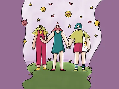 Three best friends 2d abstract cartoon character design editorial illustration procreate