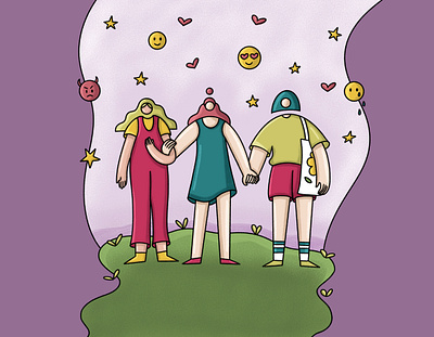 Three best friends 2d abstract cartoon character design editorial illustration procreate