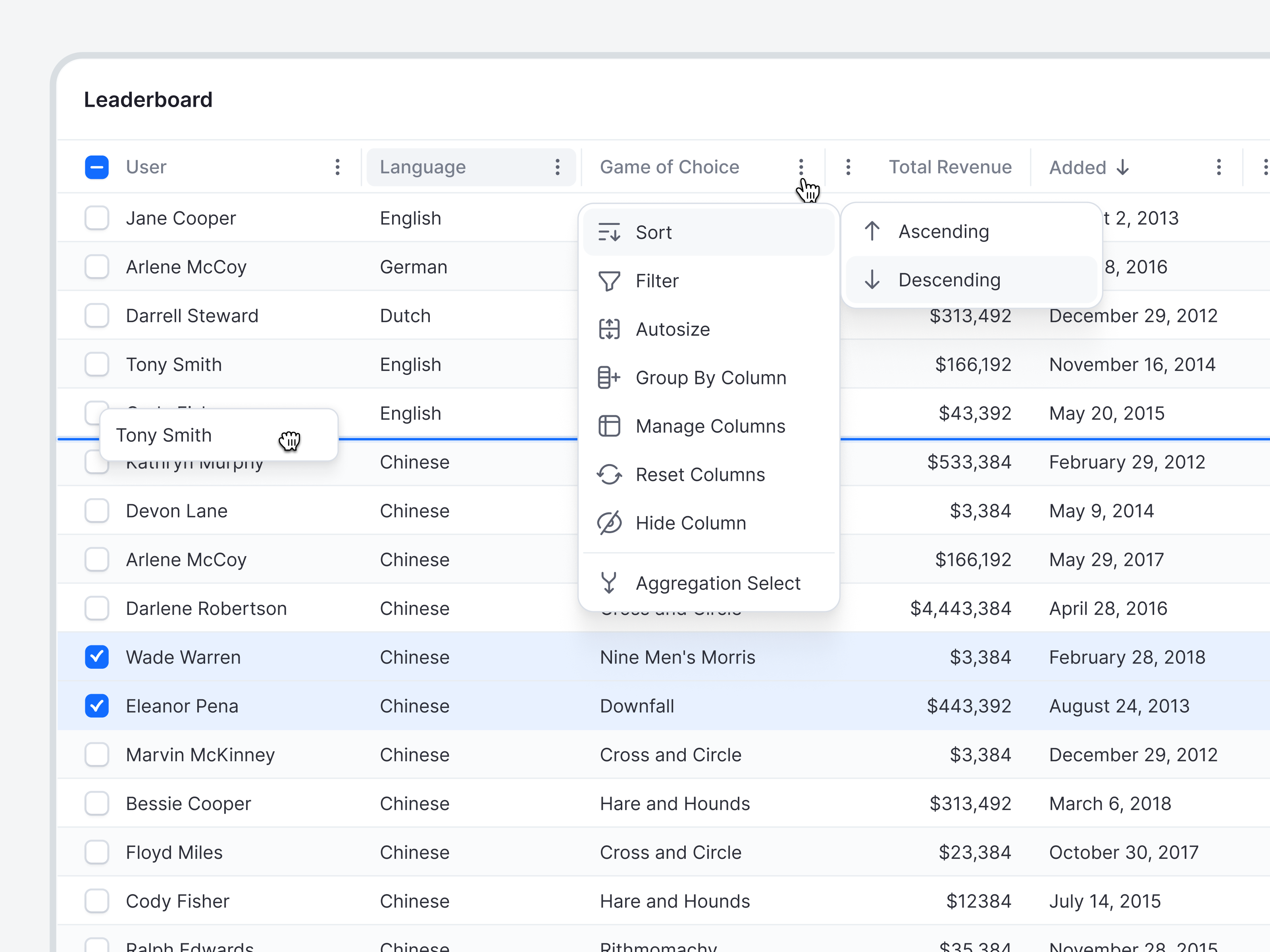 React Datagrid for Saas web apps and dashboards columns dashboard datagrid filtering filters product design rows saas sorting table web app