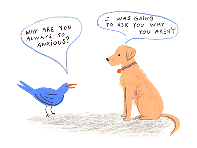 Just wondering... animals art bird comic dog drawing editorial gouache illustration mental health people texture