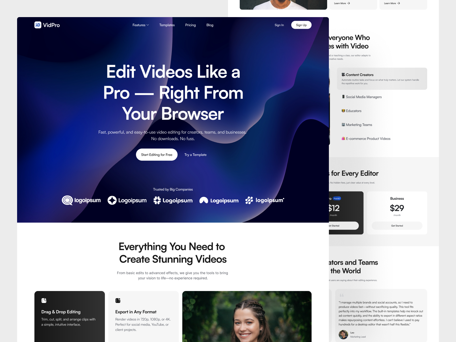 Vidpro - Landing Page for Video Editing clean design editing home page landing page marketing website minimalist modern saas saas website site ui ux video website