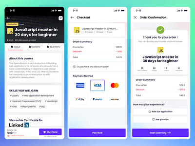 Online Course Purchase & Checkout Page app deisgn cart checkout checkout page clean design clean ui component course learning learning app lms mobile online tutorial order order complete order page order ui purchase successful page tutorial app