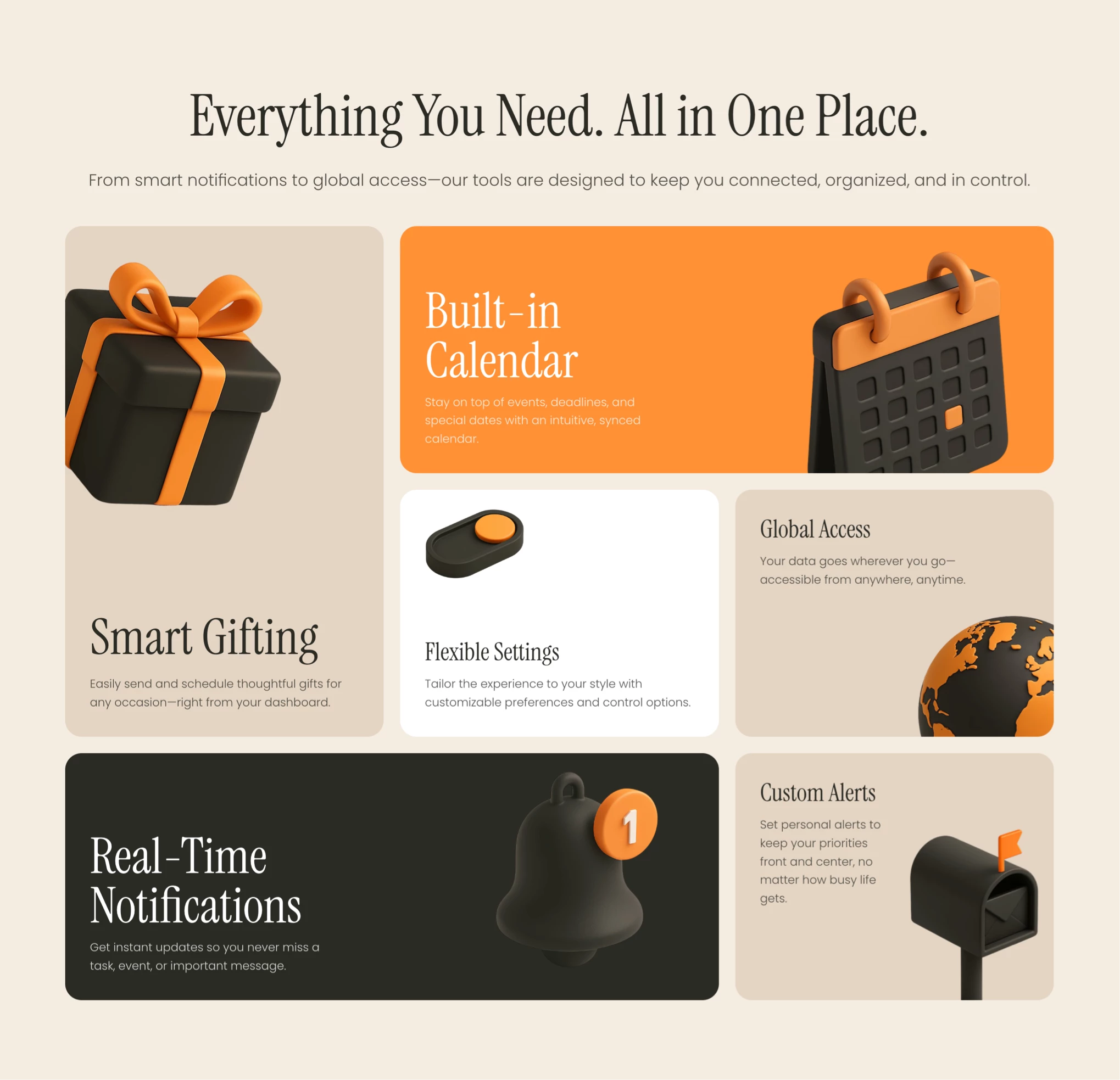 Bento section with 3D icon for Framer 3d bento brown component cta framer graphic design grid icon icons illustration instrument landing orange section serif typo ui webdesign website