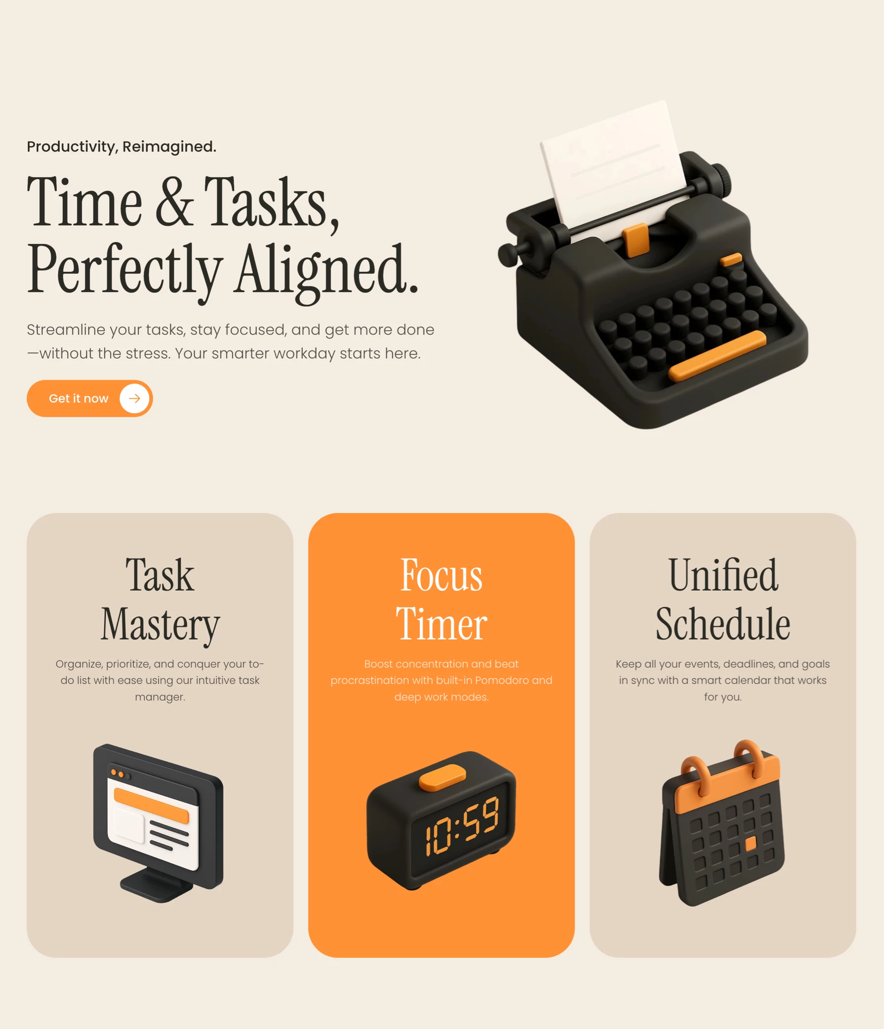 Hero section with 3D icons for Framer 3d cards cta header headline hero home icon icons illustration landing orange site ui webdesign website