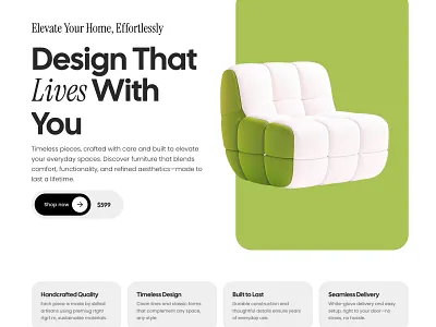 Clean website hero section for Framer 3d cta framer furniture graphic design green header headline hero home interior landing section ui webdesign website