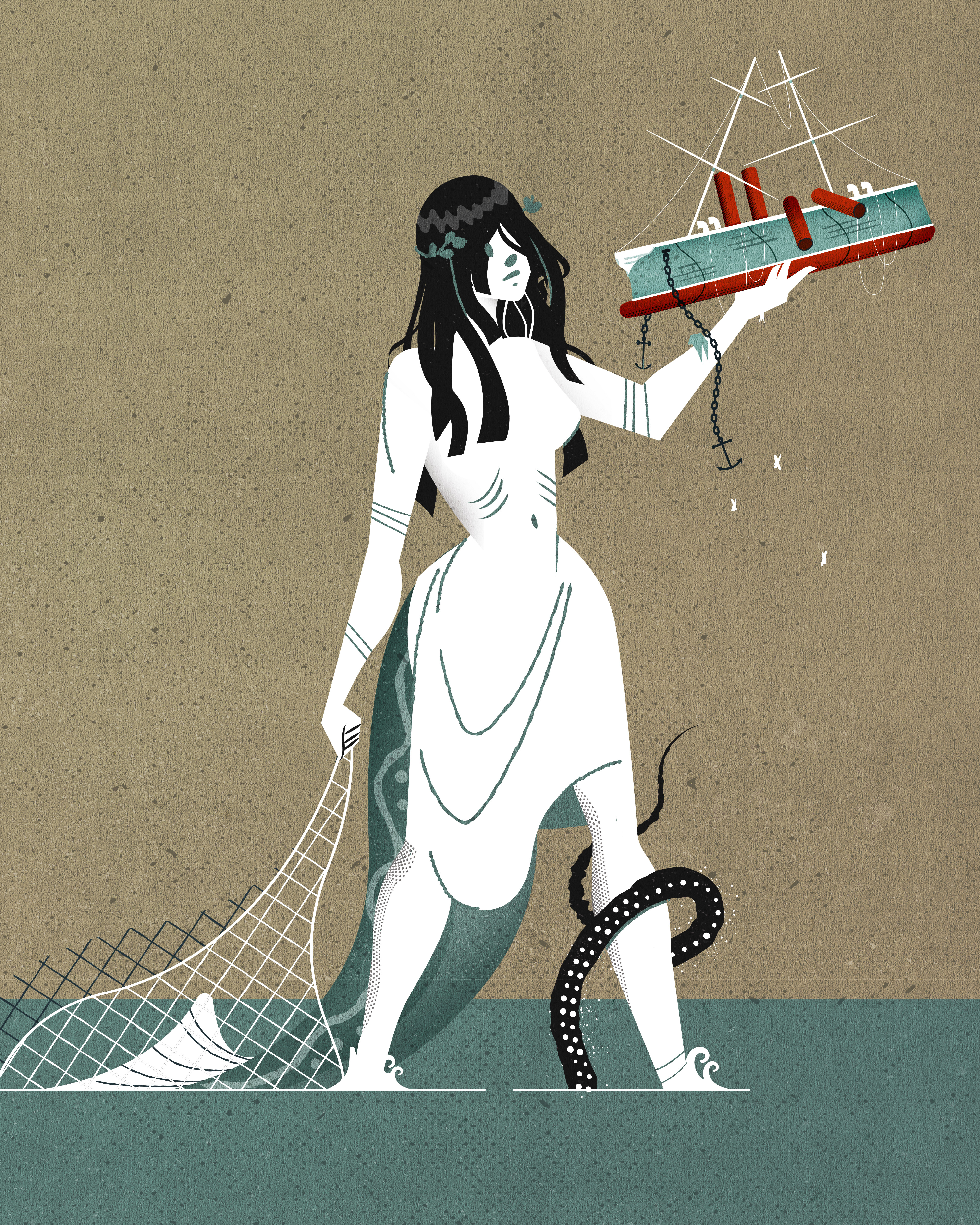 Ran, she rises from the depths, bearing the wreckage of empires design illustration illustration. illustrator minimalist texture vector