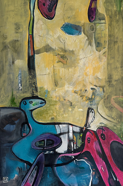 Mořské debaty ..., akryl na plátně, 90 x 60 cm, 2025