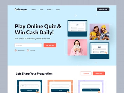 Play Online Quiz & Earn | Web UI create new quiz elearning web app homepage interface landing page online game online quiz question type questionnaire quizqueen trivia web design web page web ui webpage design website