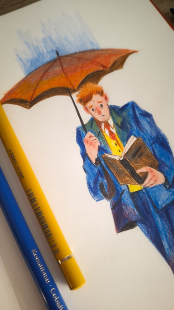 sadness book cartoon character color pencil drawing faber castel illustration paper pencil polychromos rain read redhead retro style suit texture umbrella walking
