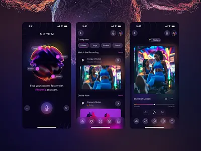 AI Rhythm — Find the perfect workout in seconds darkmodeui figmadesign mobileappdesign pilatesapp productdesign ui uiuxdesign voiceassistant workoutapp