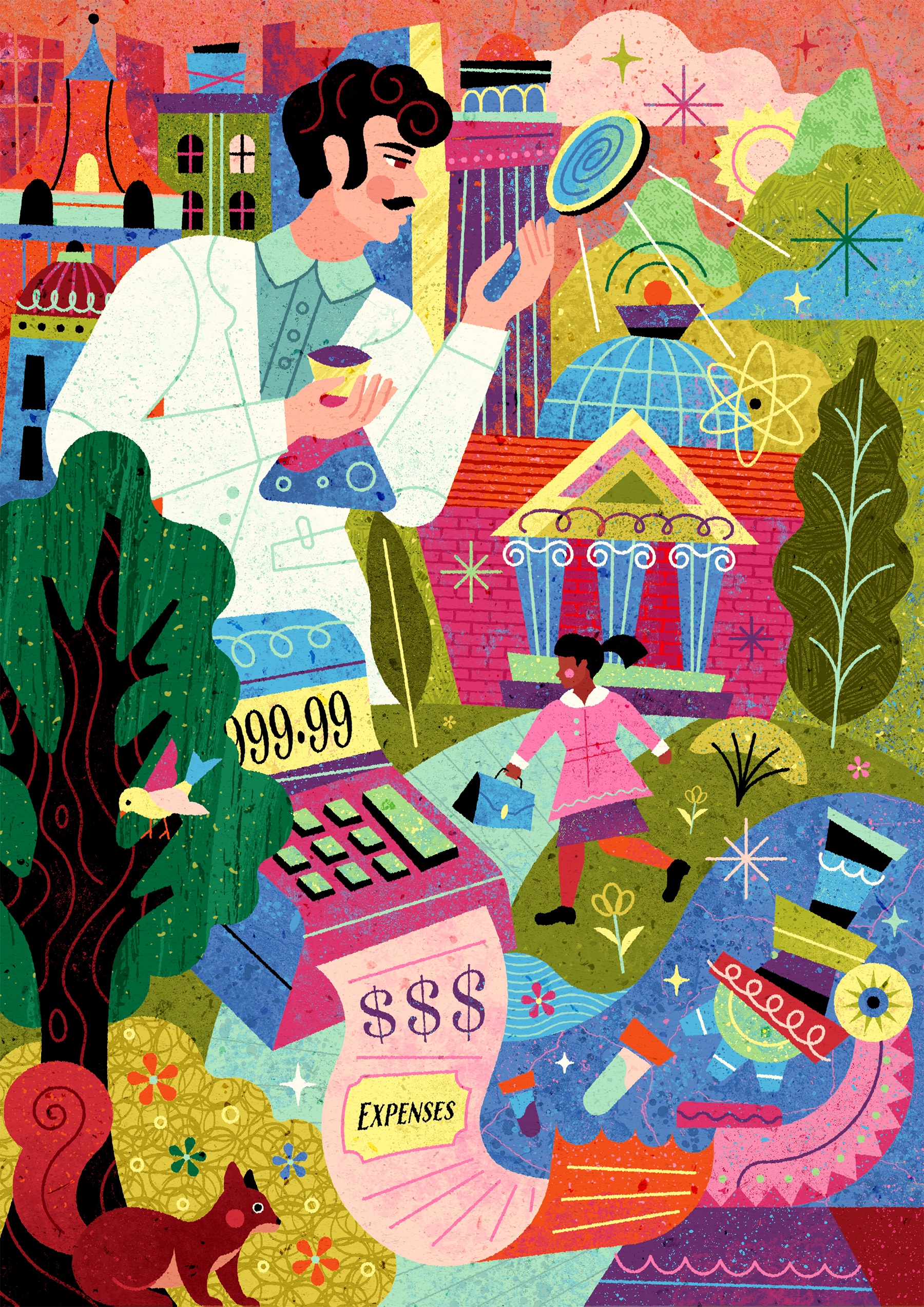 Investments & Research abstract buildings business children design economy editorial geometric healthcare illustration investments medical midcentury nature research science scientist texture university vector