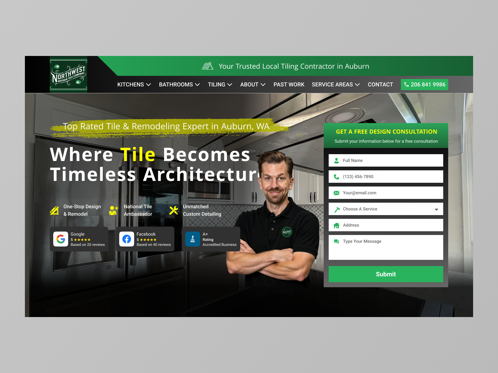 Hero Section Redesign — Tile & Home Renovation Website conversiondesign figma herosection homeimprovement landingpage localbusiness remodeling tiledesign webdesign webflow