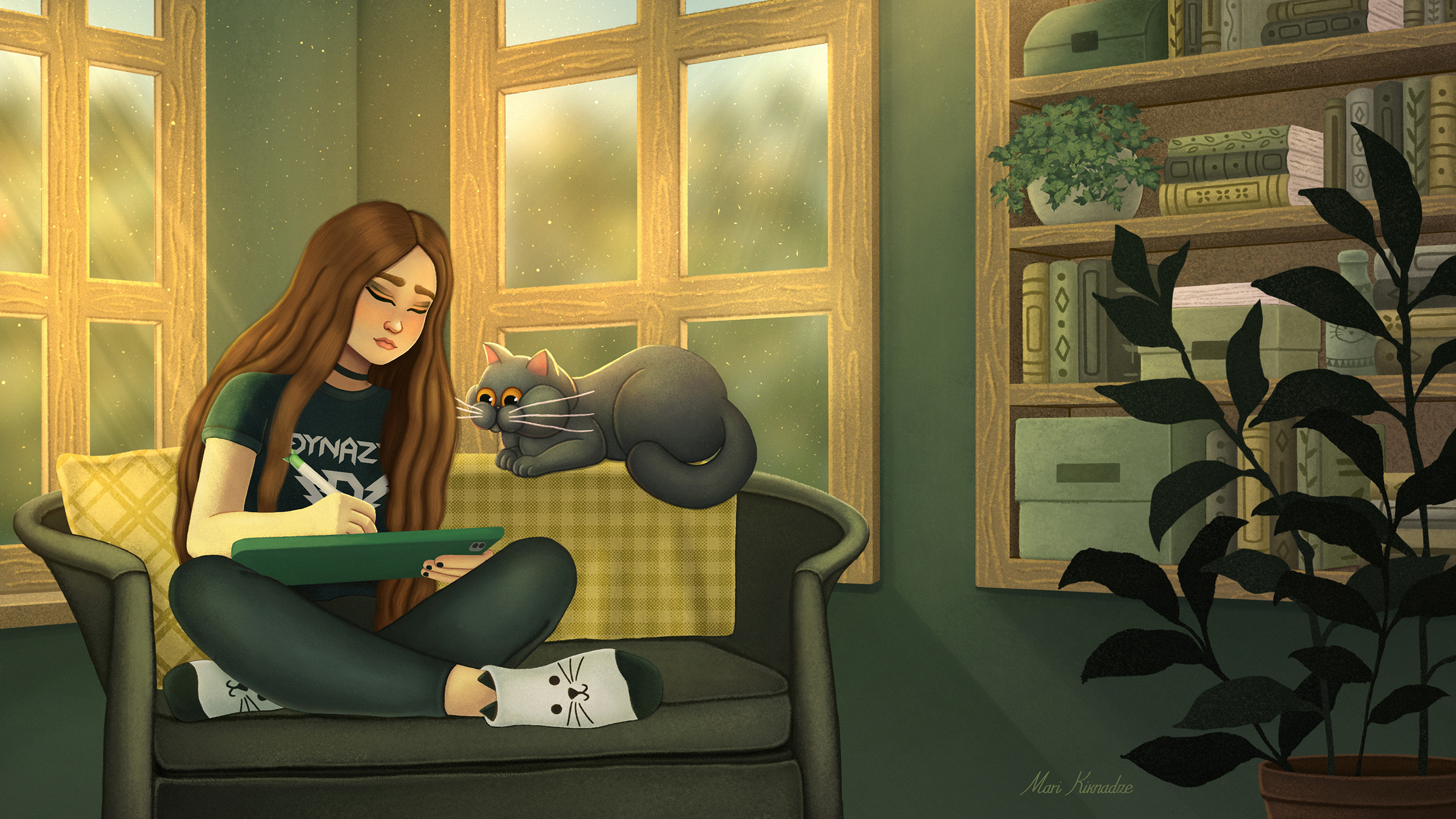 Self-Illustration artist books cat cozy digital art digital illustration digital painting illustration plants room shelves stylized