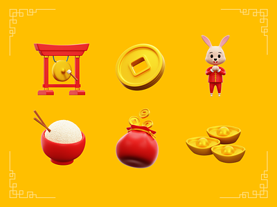 Chinese New Year 3D Icons 3d 3d design 3d icons chinese drum chinese new year coins gold icons icons pack iconscout iconscout by lottiefiles lunar new year marketplace money pocket rabbit 2023 rabbit year rice