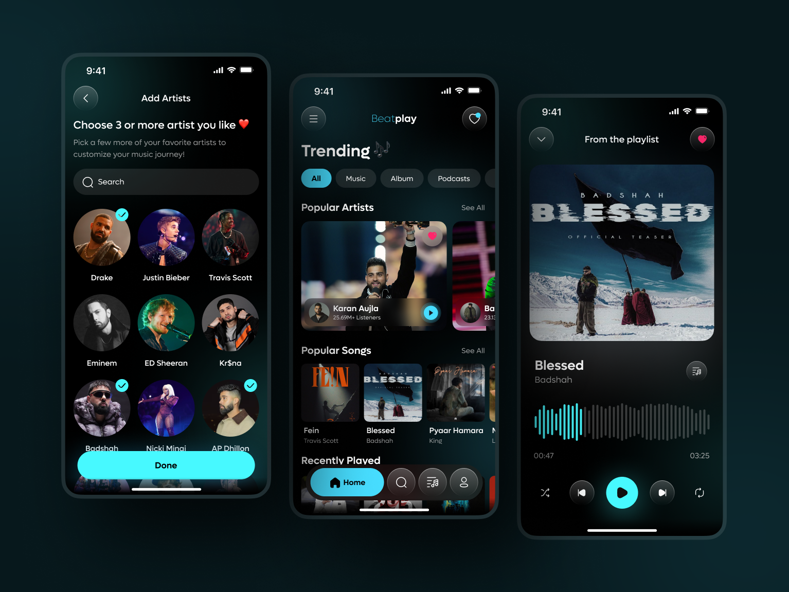 Beatplay: Music Streaming App UI UX Design dark theme minimal minimal ui mobile app mobile app ui moddern app ui modern ui music app music application music mobile app music player music ui podcast app songs app spotify streaming app