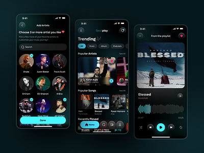 Beatplay: Music Streaming App UI UX Design dark theme minimal minimal ui mobile app mobile app ui moddern app ui modern ui music app music application music mobile app music player music ui podcast app songs app spotify streaming app