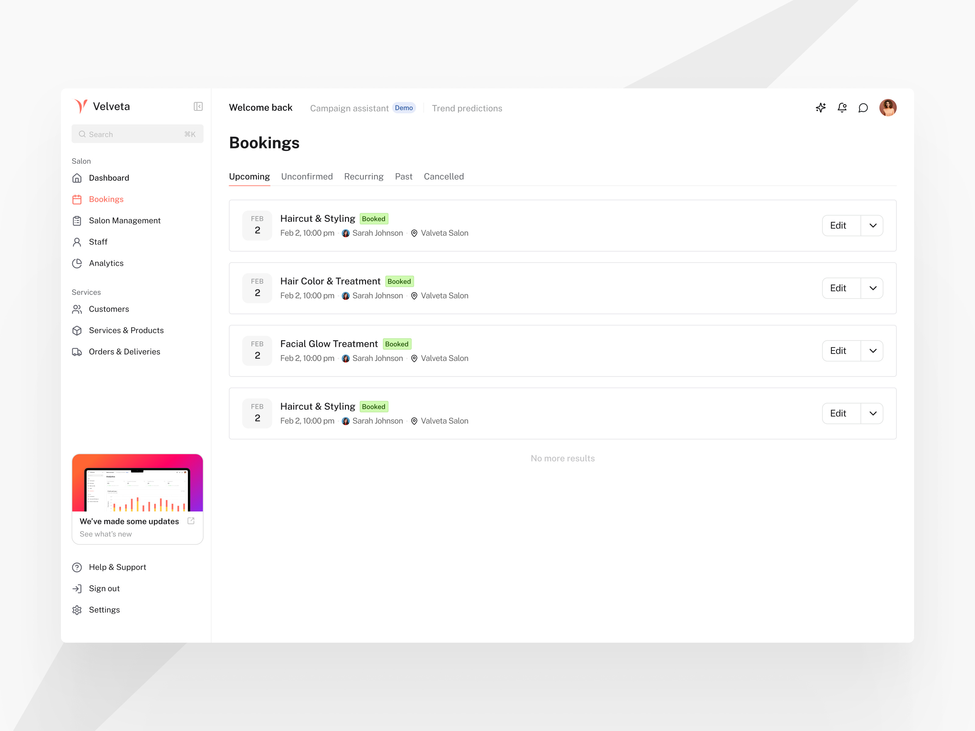 Velveta - Bookings booking dekstop form graphic design management product design saas salon ui upcoming ux web web app website