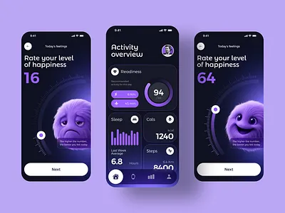 Health and Wellbeing mobile application - happiness lvl 3d activity app darkmode fluffy happiness health illustration meter mobile mood purple readiness setup sleep steps ui wellbeing