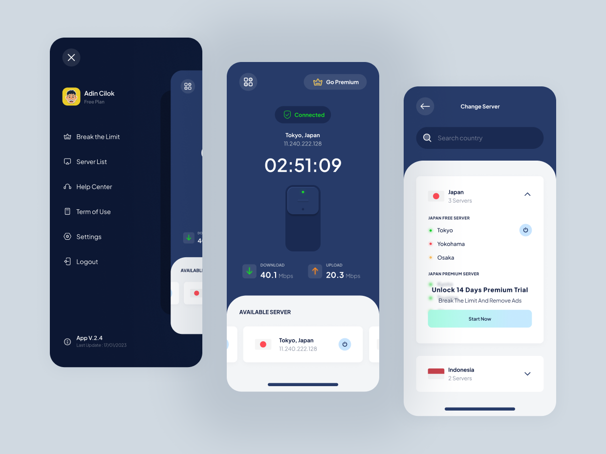 FnVPN V.2 app clean dark design hosting internet minimal mobile network private proxy security server ui ux vpn