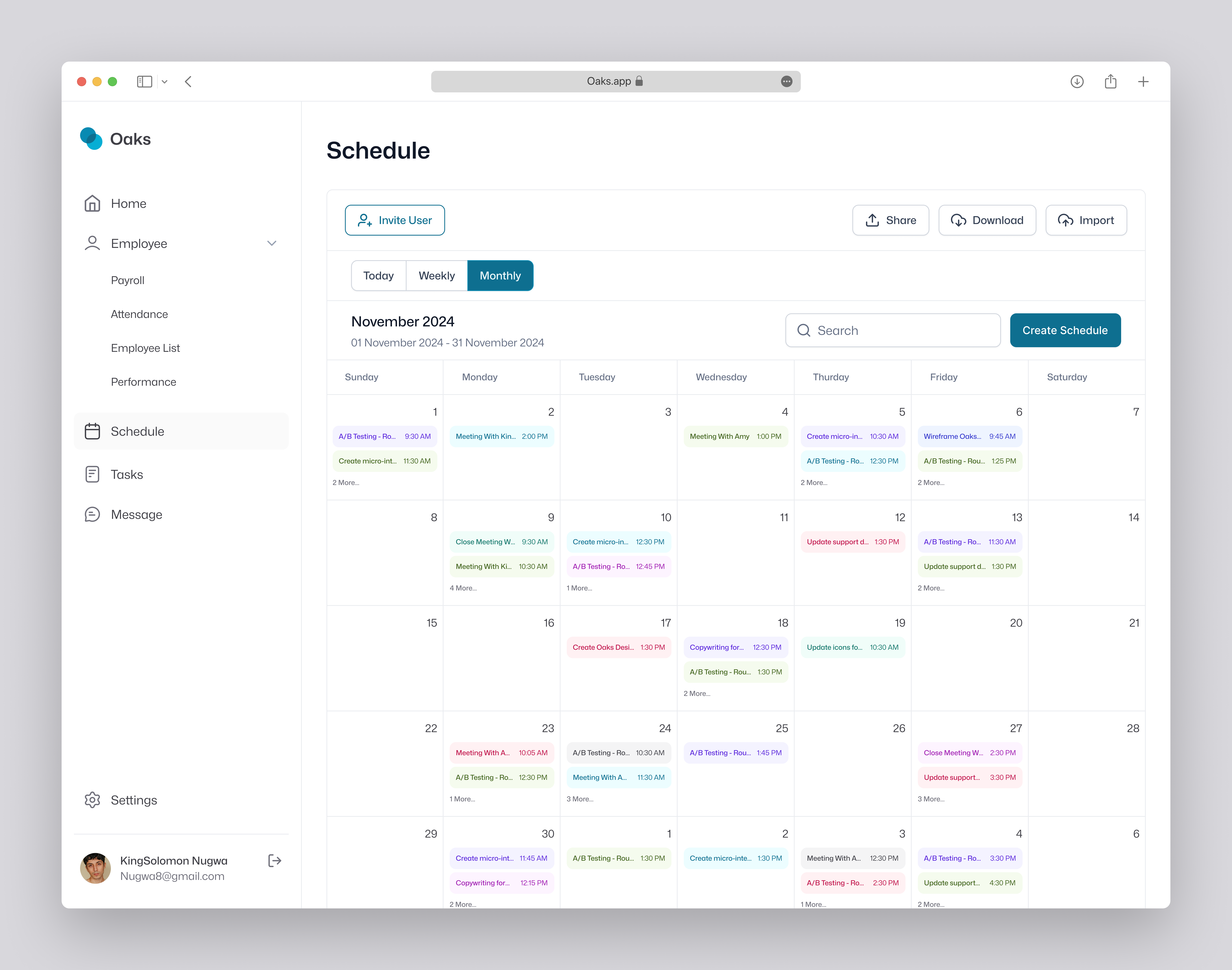 Oaks Employee Schedule - Monthly/Weekly/Daily dashboard employee employee dashboard figma hr hrms minimal oaks schedule ui