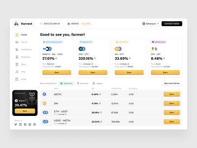 Harvest Finance apy blockchain crypto defi defi dashboard earn farm farming farms harvest liquidity pools multichain pools recommended web3 yellow yellow ui yield