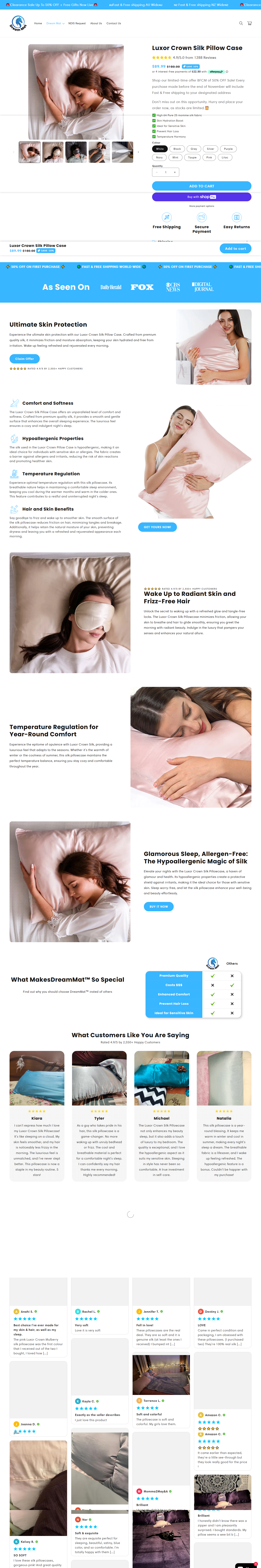 Luxor Crown Silk Pillow pagefly product page design gempages illustration landing page pagefly replo shopify shopify developer shopify landing page ui
