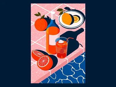 Citrus Chill by the Pool Illustration art artwork beverage bottle illustration citrus drink cocktail art food graphic fruit illustration grapefruit slice illustration juice glass outdoor scene pool vibes refreshing design summer mood sunny mood vacation concept vibrant colors