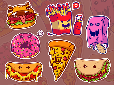 Fast Food Monster🍔🍟🍕👹 burger character creepy doughnut face fast food food horror hotdog ice cream icon illustration logo meal monster pizza potato scary snack taco