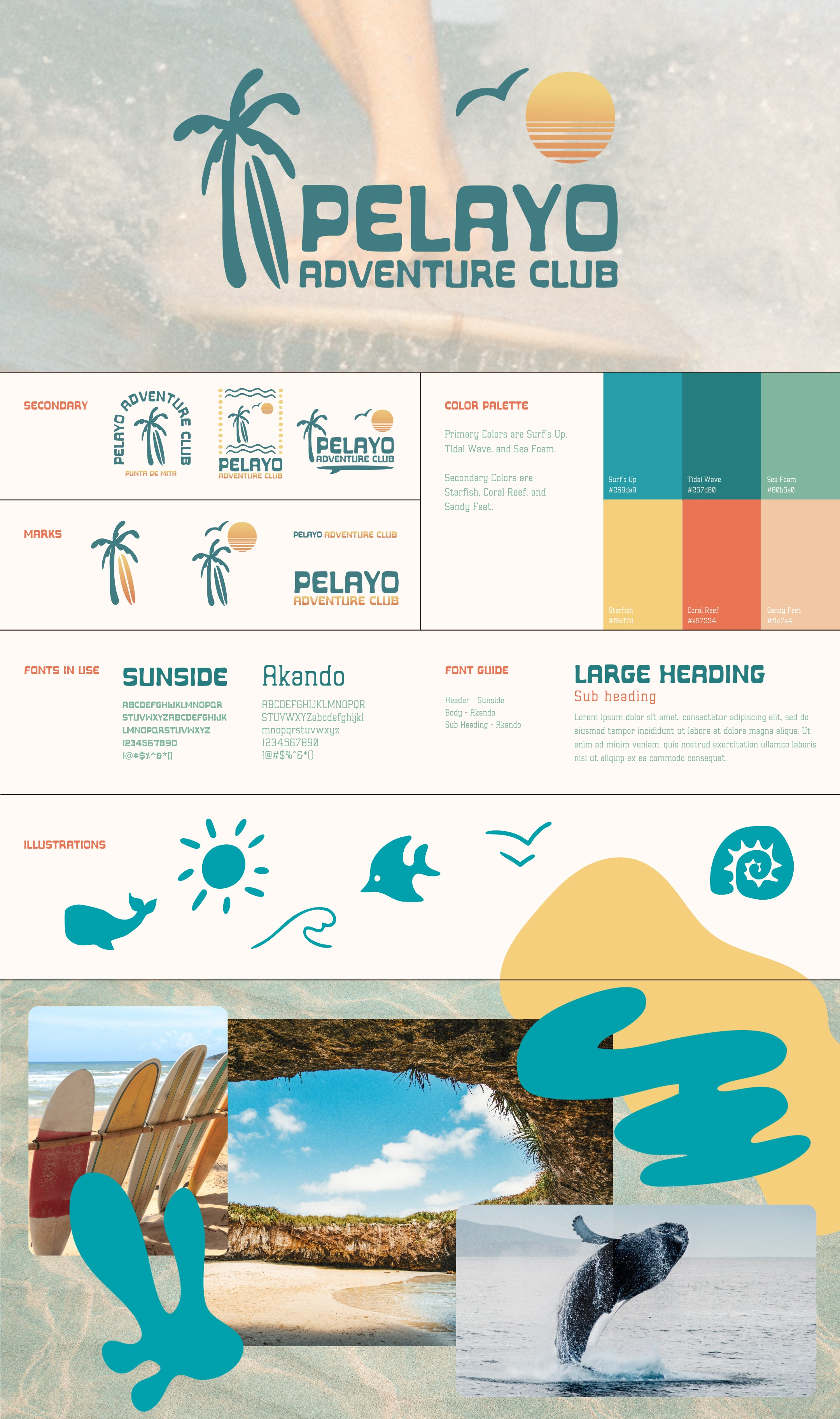 Pelayo Adventure Club - Style Sheet aesthetic beach beach logo branding clean design gradient graphic design illustration logo logo design modern one pager style sheet surf surf logo vector