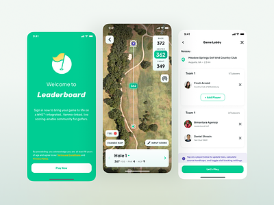 Leaderboard - Onboarding, Game Map View, and Game Lobby clean game lobby game map golf golf map golf match golf play golf range golf round green mobile mobile app mobile design onboarding sports app ui ux virtual game virtual golf virtual realities