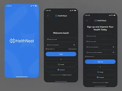 Login & Sign-Up Screens – Healthcare Mobile App create account health health app healthcare helthnest log in login login page login screen mobile app mobile sign up mobile ui onboarding onboarding sign up registration signup sing in splashscreen welcome screen