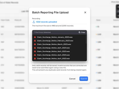 🔄 Batch File Upload – Error Handling UI batch black dark dashboard dialog download error errors file handling modal popup report submit ui upload ux