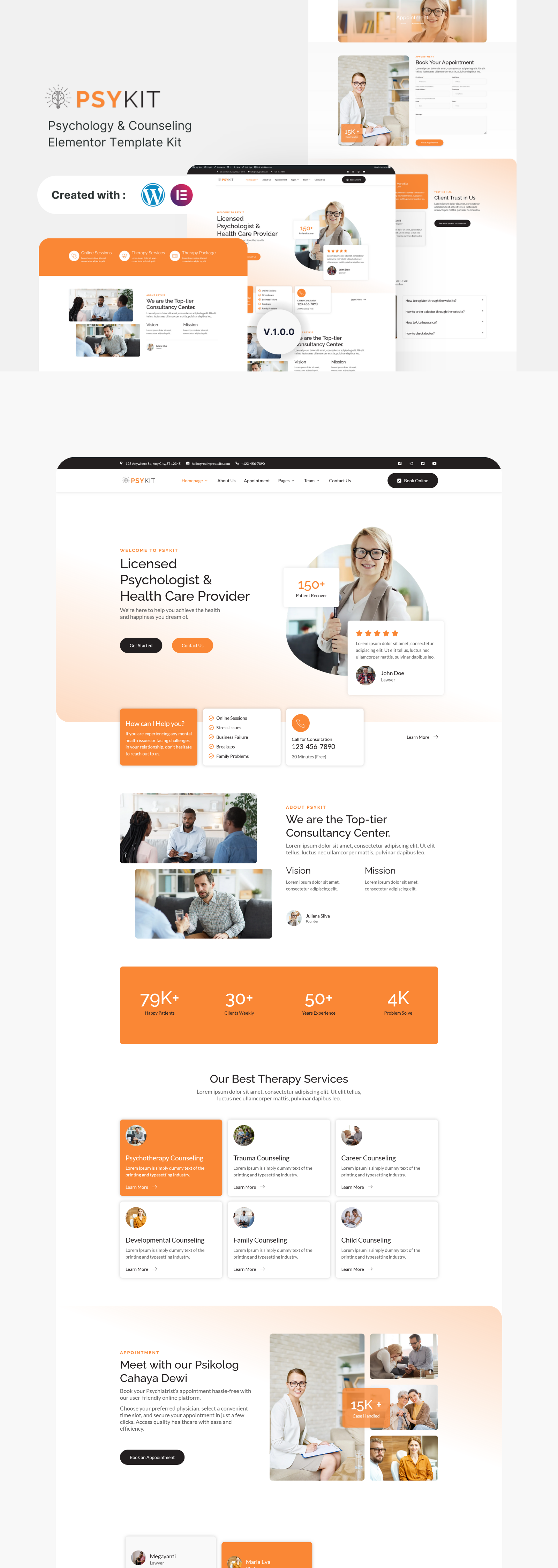 Psykit - Psychology & Counseling Elementor Template Kit branding clean counseling design elementor kit minimalist modern orange psychology template ui ui kit ux web design website wordpress wordpress theme