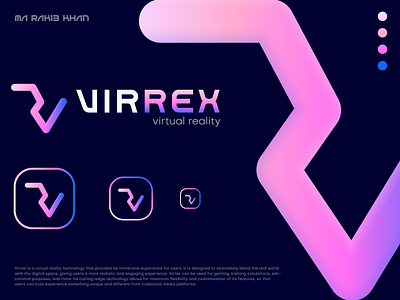 Virrex Virtual Reality VR Logo Design blockchain brand identity branding crypto cryptocurrency future futuristic gradient logo logo design logo designer meta metaverse monogram r reality technology v virtual vr