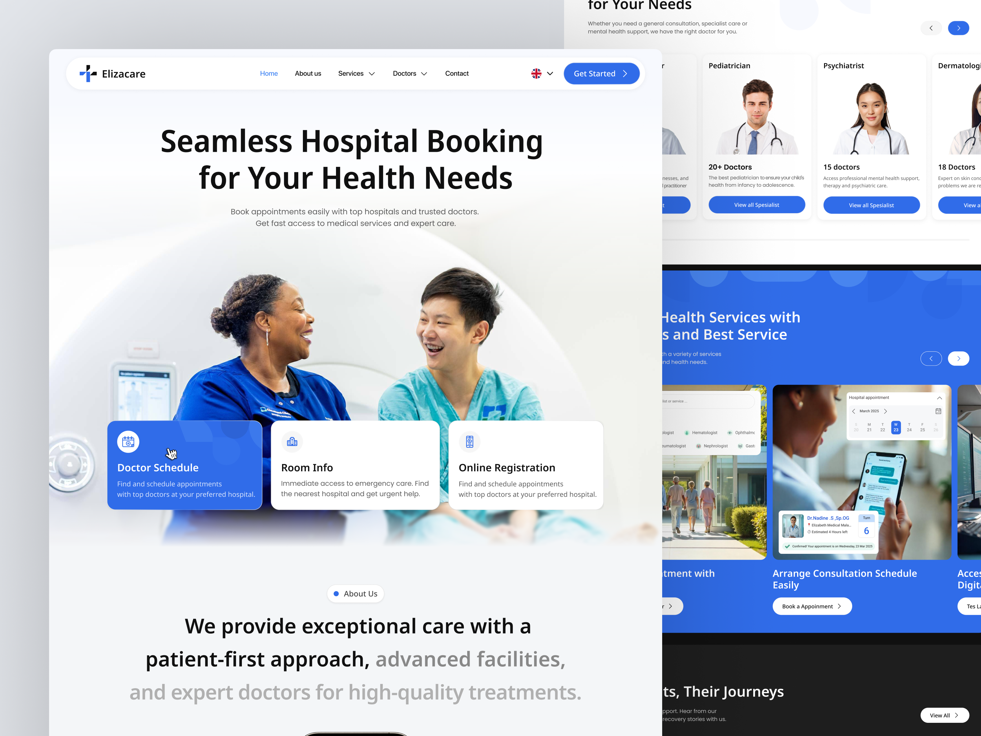 ElizaCare - Hospital Booking Landing Page booking clinic consultation diagnosis doctor directory doctor finder health services healthcare healthcare website hospital hospital booking medical medical platform online consultation patient patient journey responsive telehealth treatment wellness