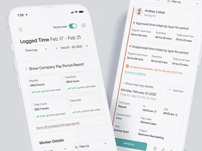 Construction Management | Payroll approve time bill clean complex saas employe payment filter hourly contract invoice breakdown log details logged time overtime payroll ui ux ux redesign work details