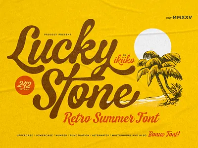 Lucky Stone - Vintage Summer Font 60s beach branding font handwriting hawaii holiday lettering logo nostalgia retro stamp summer sunny surf timeless typeface typo typography vintage