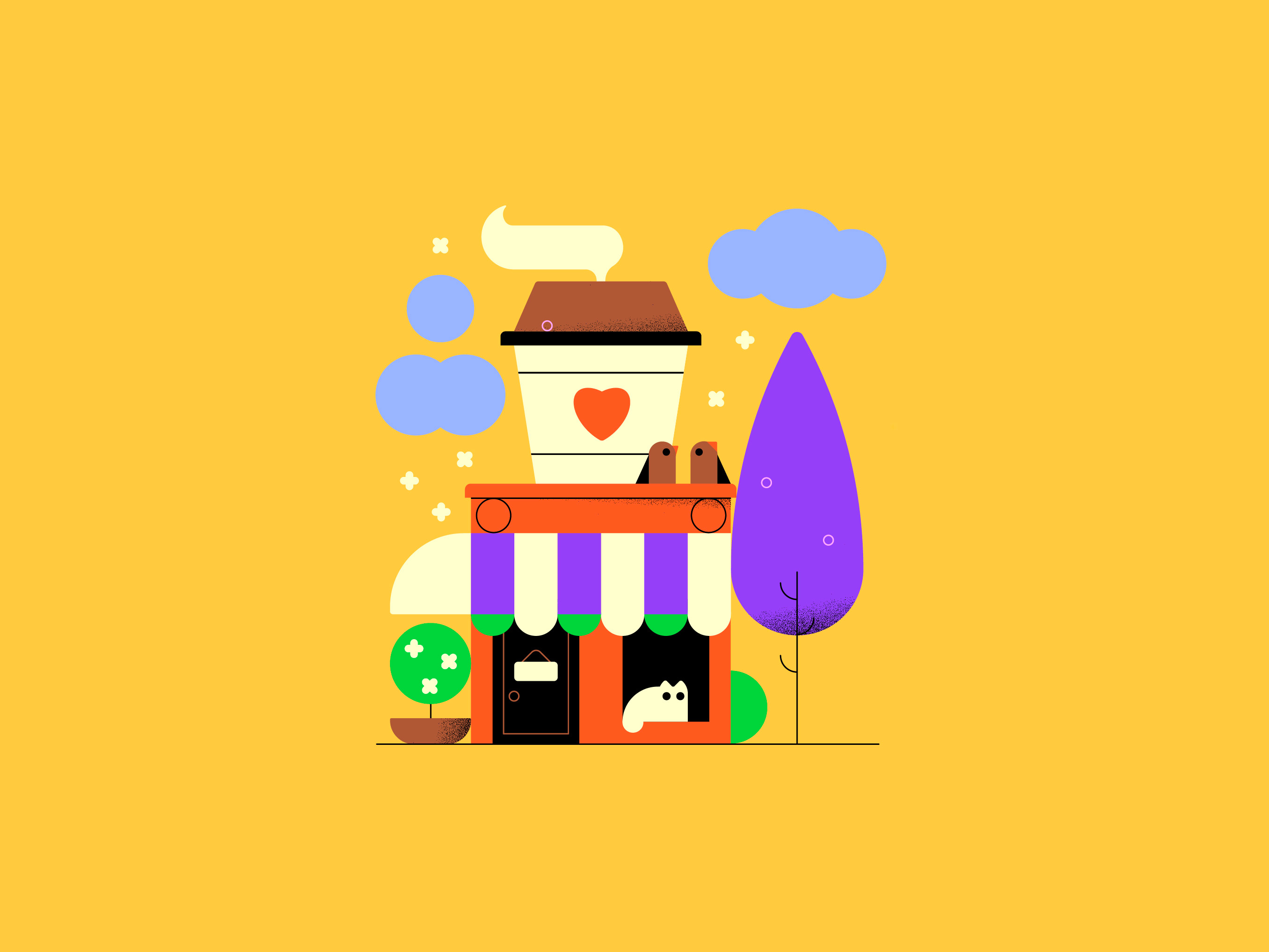 Spring coffee love book branding cartoon style characters city coffee colourful cup cute design editorial flat house illustration landscape magazine shop simple spring vector
