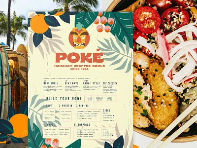 Poké artisanal design brand identity brand vibes branding branding studio design freelance studio funky typography good branding graphic design handcrafted hawaiian style design illustration logo menu design print design restauran branding typography