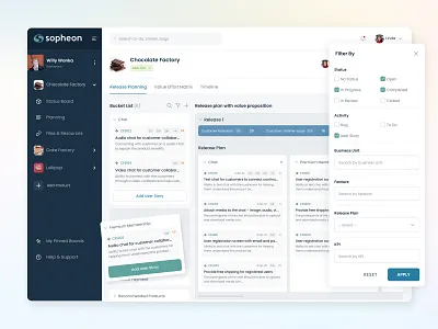 Project Release Planning activity blue dashboard design drag and drop filter kanban kpi pin planning project management status status board swim lane task board todo ux strategy value matrix web willy wonka