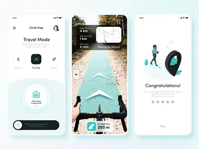 CHILD MAP – Safe Navigation for Kids ar interface ar travel app child friendly app child map ui child navigation cycling tracker gradient design ios travel app journey feedback kid friendly ui kids safety app location tracking minimalist navigation mobile ux parent control rating screen safe route for kids school commute smart parenting