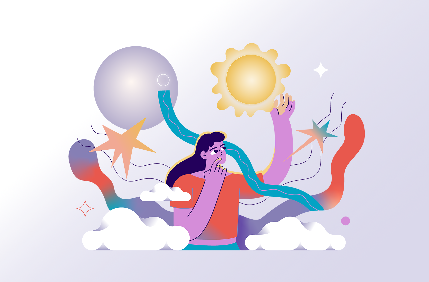 Open new world character clouds design flat girl identity illustration imaginary imagine mental health space sun vector web illustration woman world