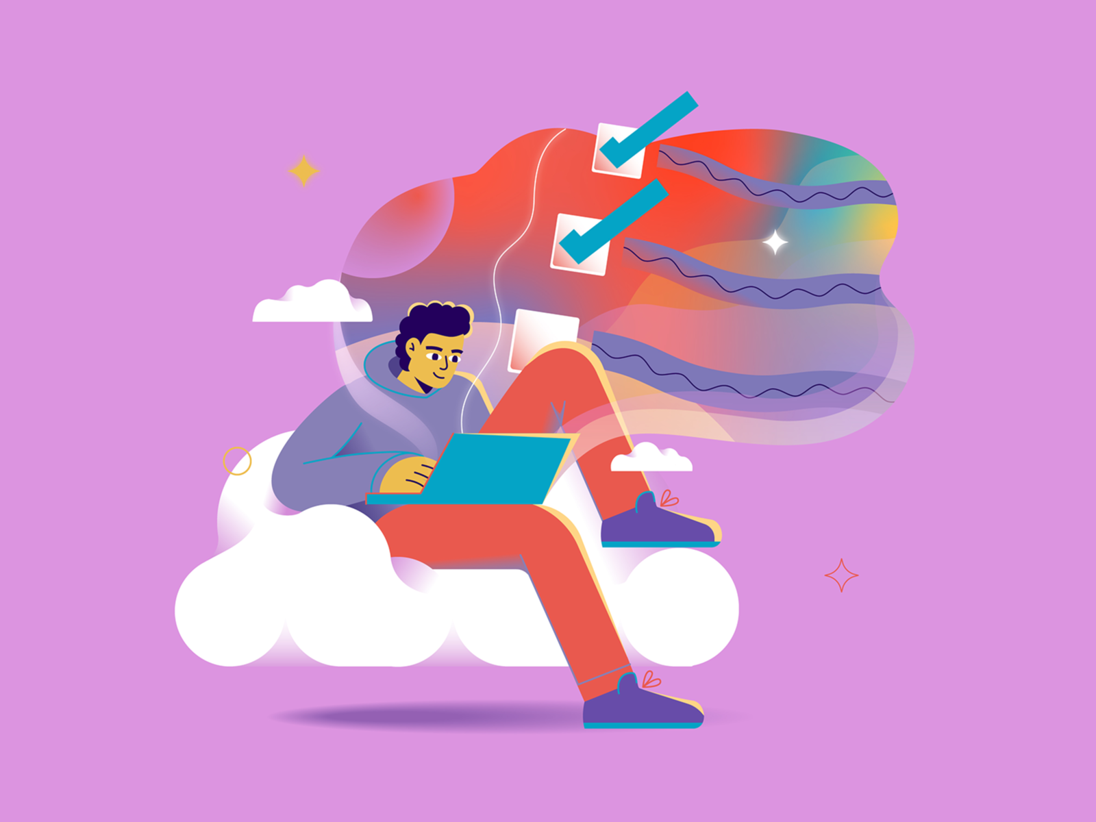 Quiz applying character character design cloud flat illustration imaginary laptop questionnaire quiz space vector