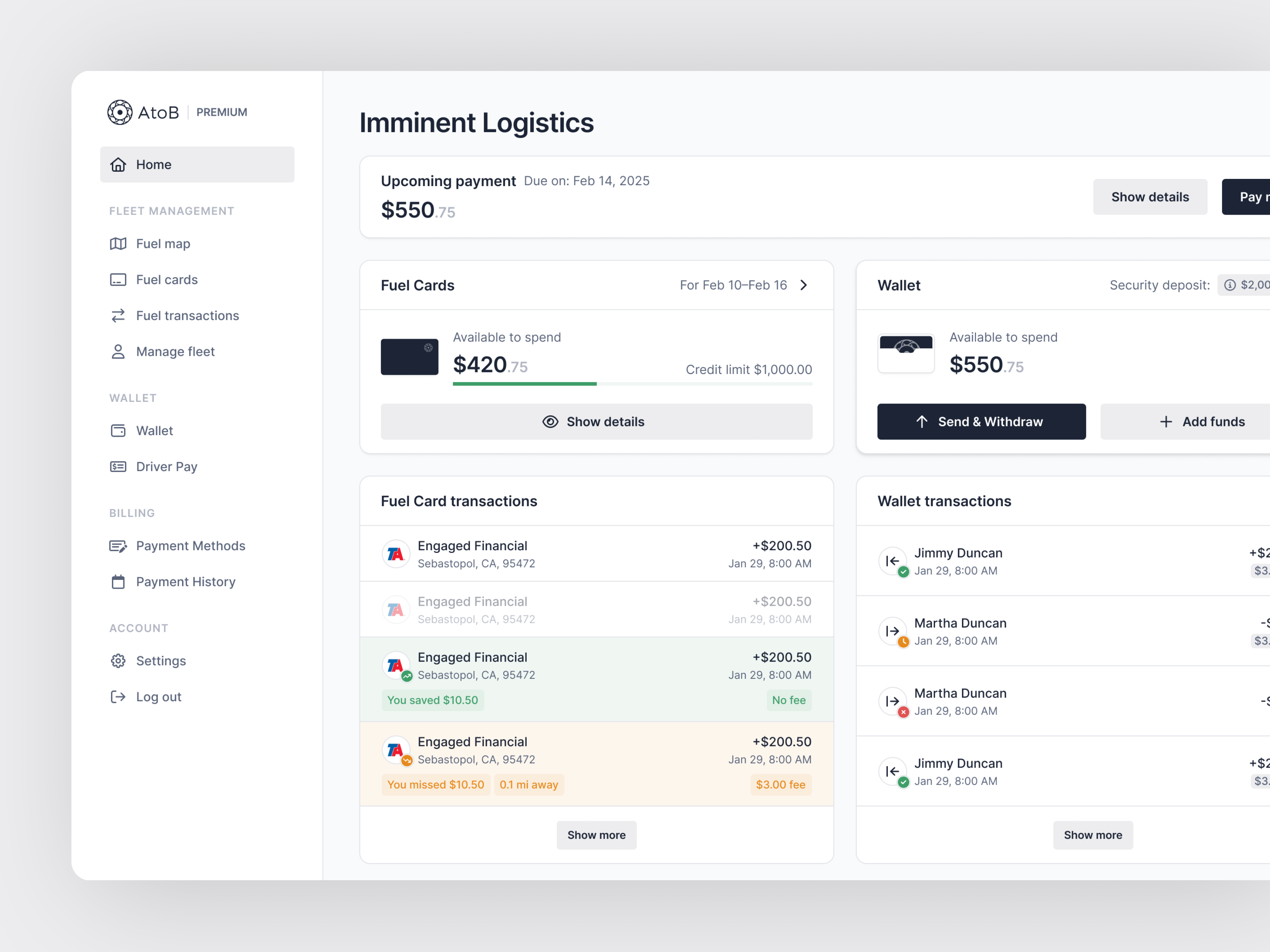 Example of Fleet manager dashboard