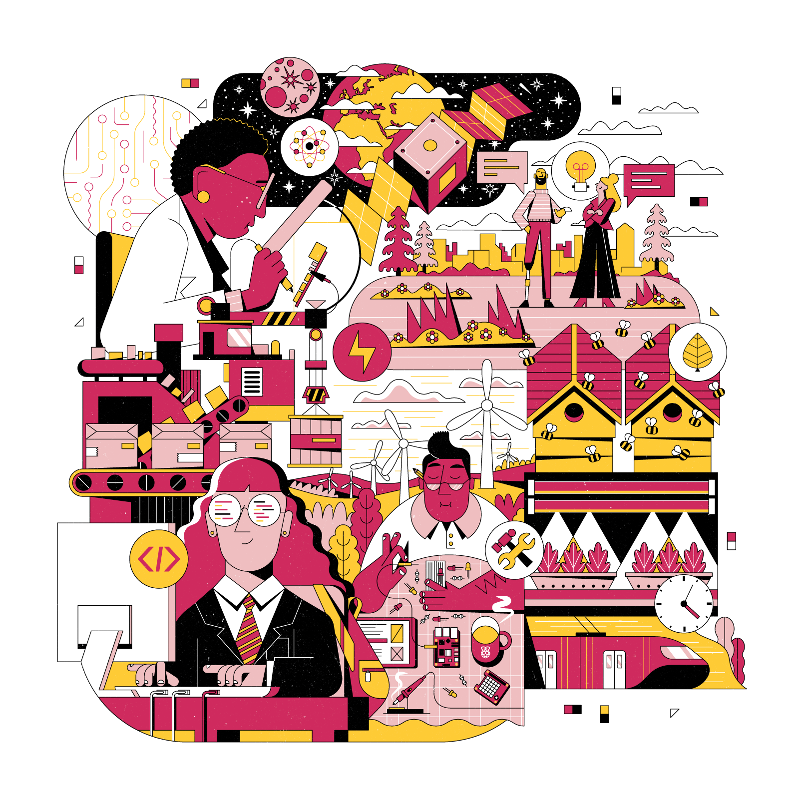 The World of Raspberry Pi 2d bees black branding coding design factory graphic design illustration illustrator maker raspberry pi red satellite science space technology train vector yellow